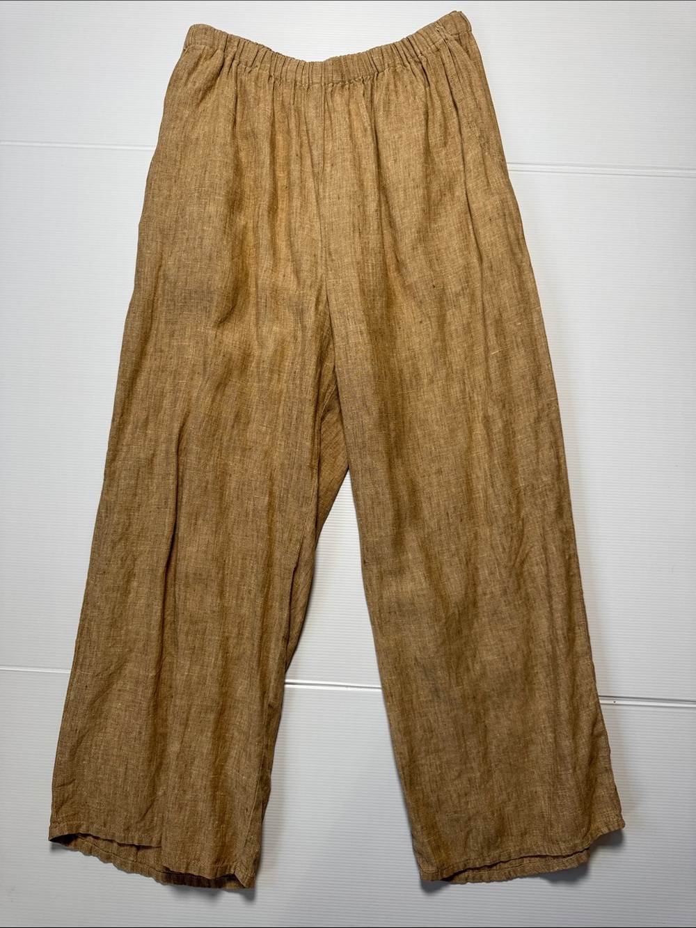FLAX Women's Relaxed 100% Linen Neutral Tan Brown Wide Leg Pants Trousers S